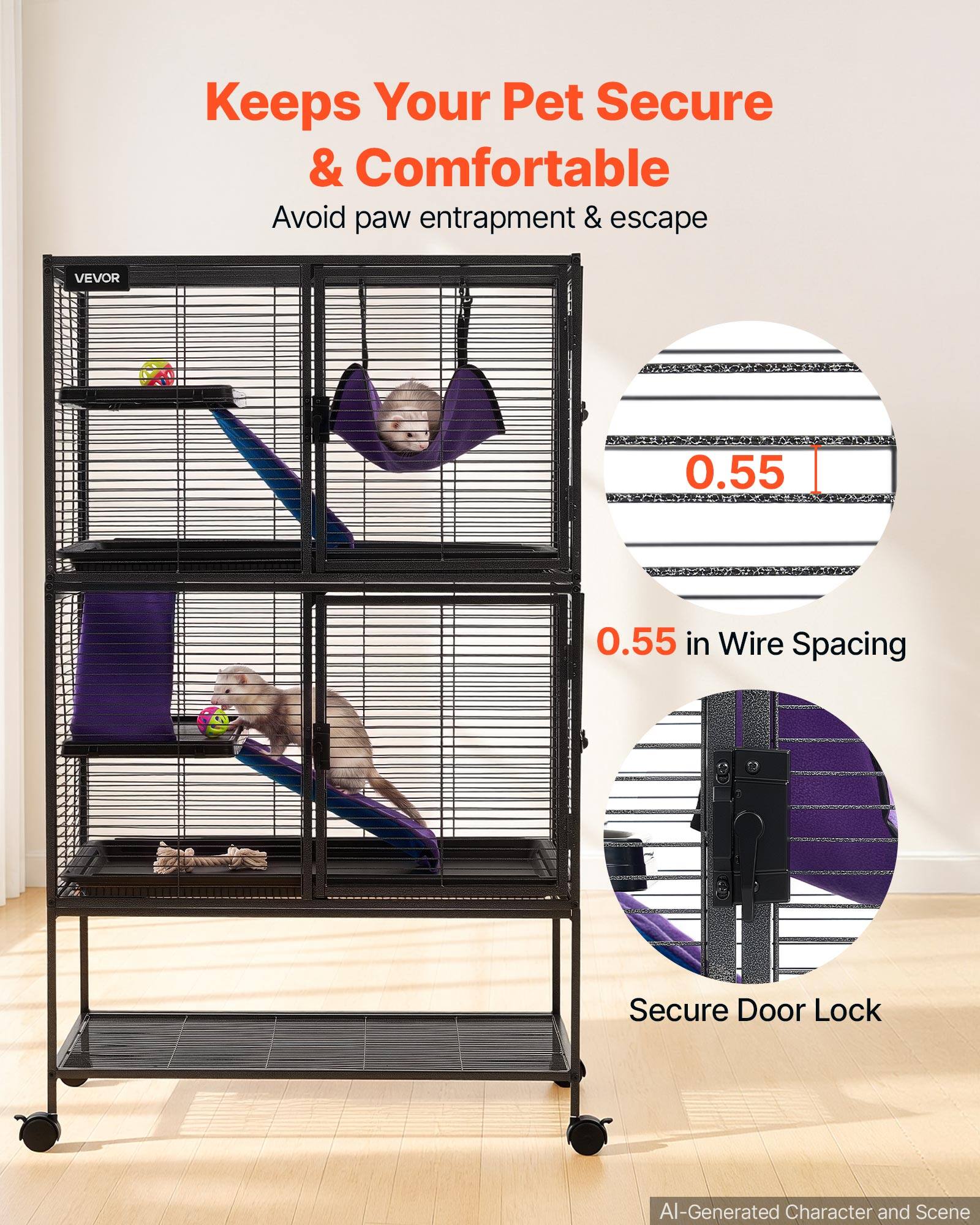 Keeps Your Pet Secure & Comfortable  
Avoid paw entrapment & escape  

VEVOR  
0.55  
0.55 in Wire Spacing  
Secure Door Lock  

AI-Generated Character and Scene