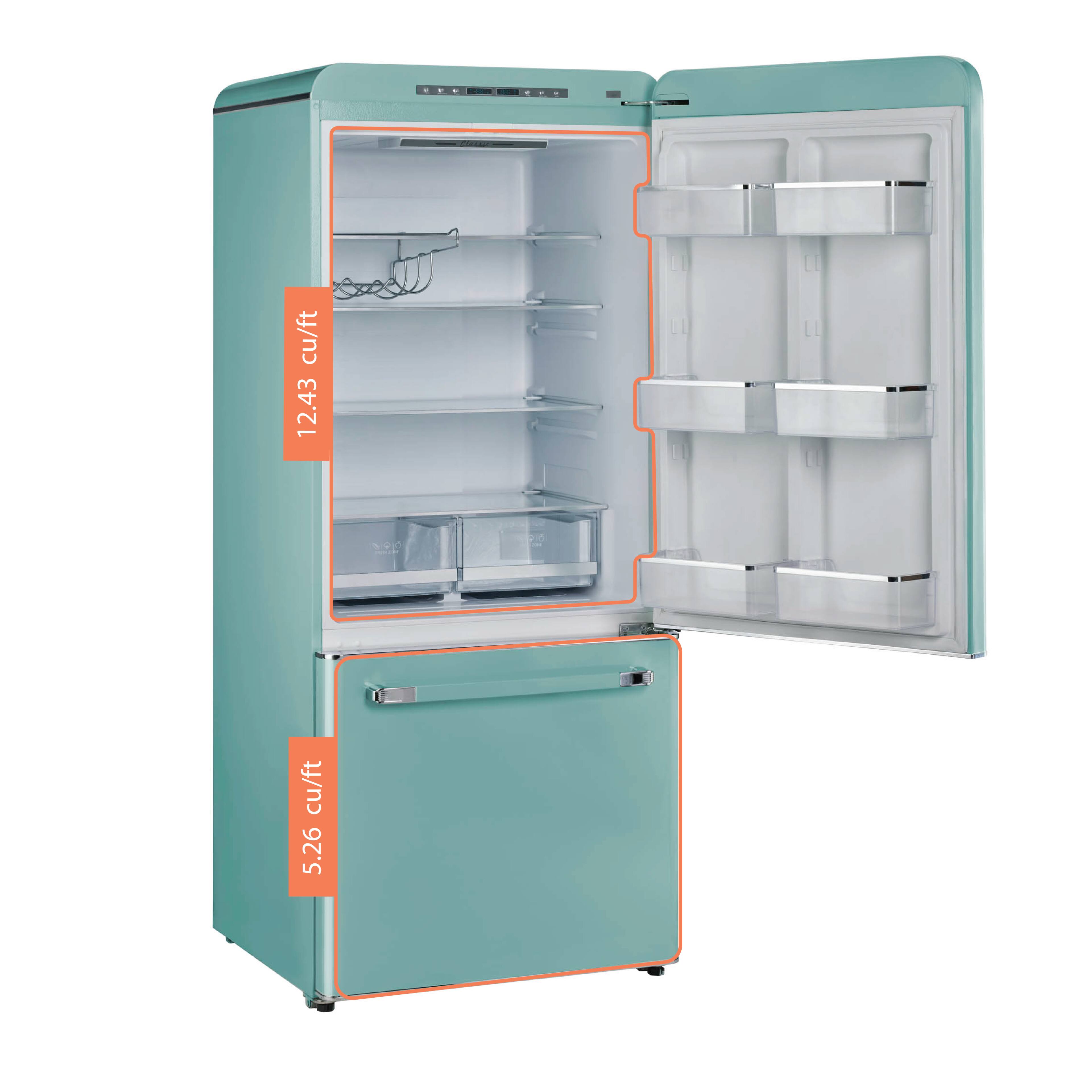 The text on the image reads: "cu/ft 12.43" and "cu/ft 5.26". These are the dimensions of the refrigerator in cubic feet.