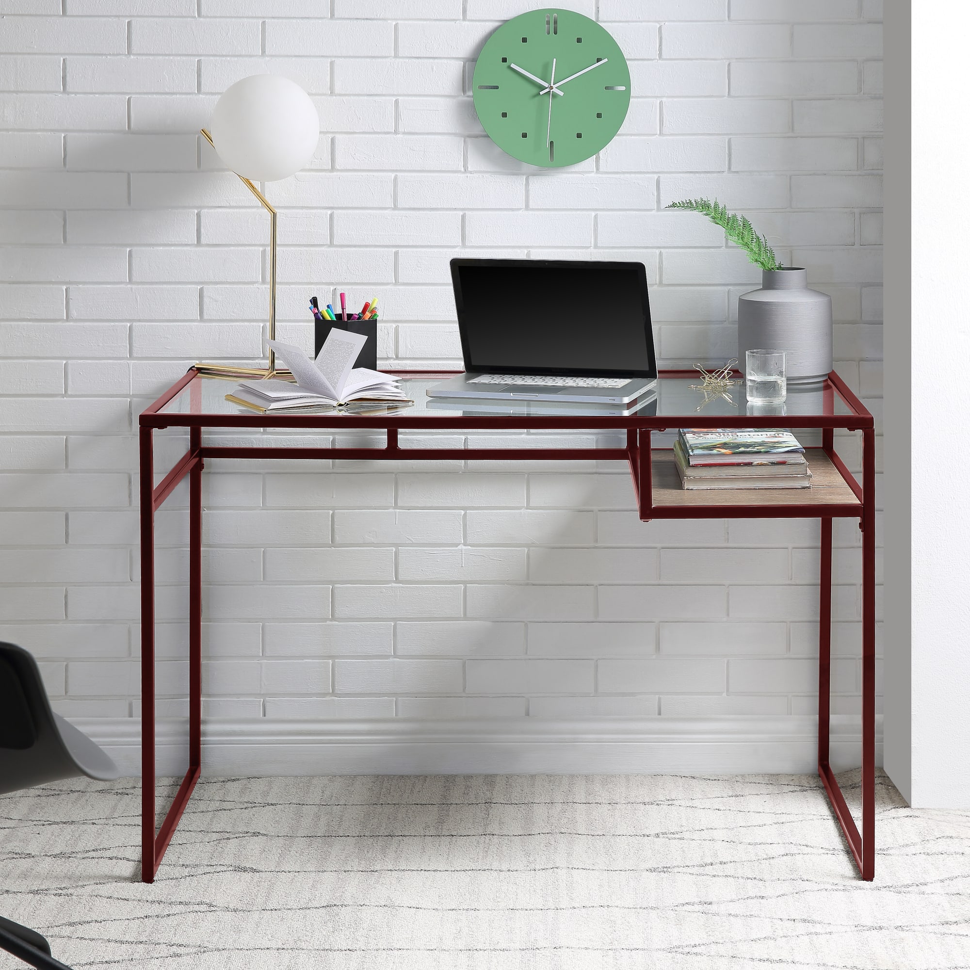 GOODSILO - Contemporary Glass Top Writing Desk and Storage Shelf for Modern Home Office Workspace - Red