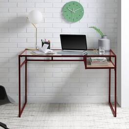 GOODSILO - Contemporary Glass Top Writing Desk and Storage Shelf for Modern Home Office Workspace - Red