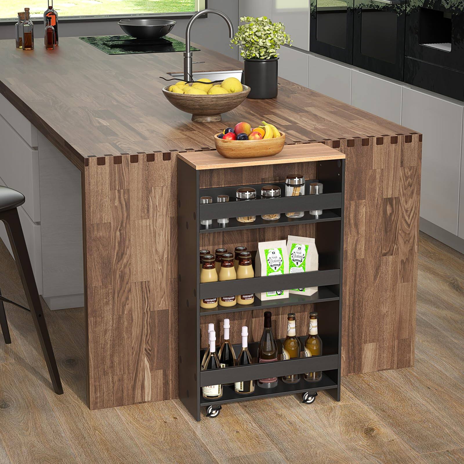 Alt View 7. Ecooso - 4-Tier Rolling Storage Cart Slim Kitchen Cart on Wheels with Open Shelves and Handle - Black.