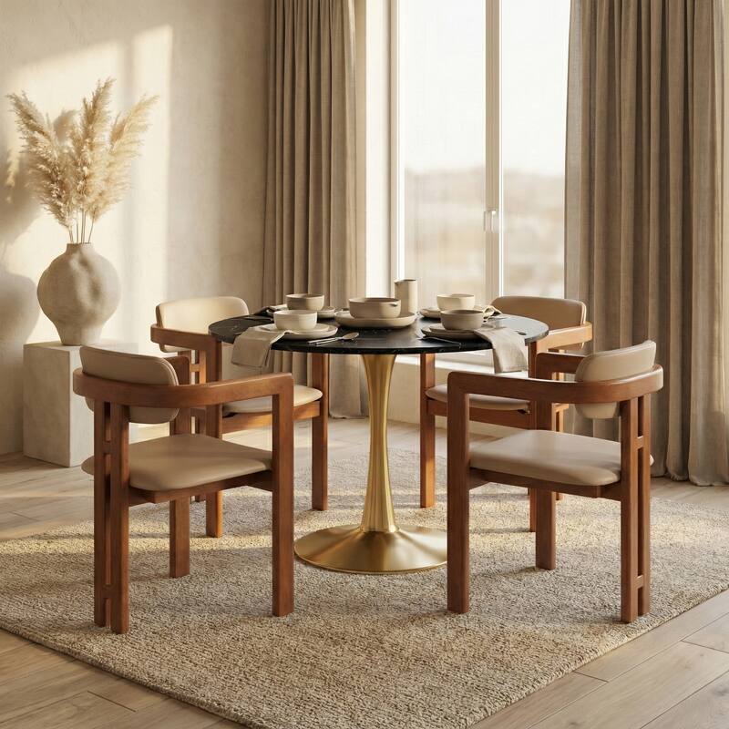 Left. LeisureMod - Bristol 40" Round Modern Dining Table, Sintered Stone/MDF Top - Minimalist Pedestal Base with Floor Protection - MDF - Marbled Black.