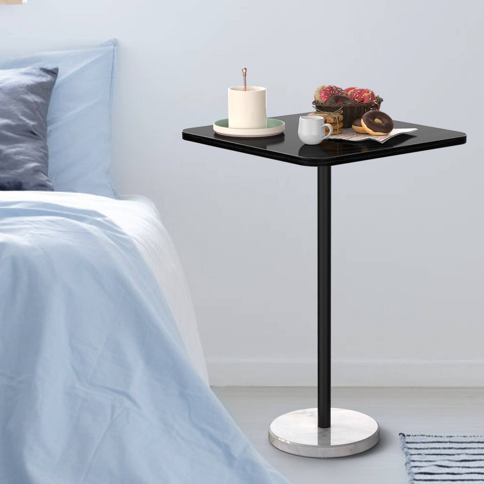 Angle. Oumilen - Black Wood Top Side Table with White Marble Base - Black.