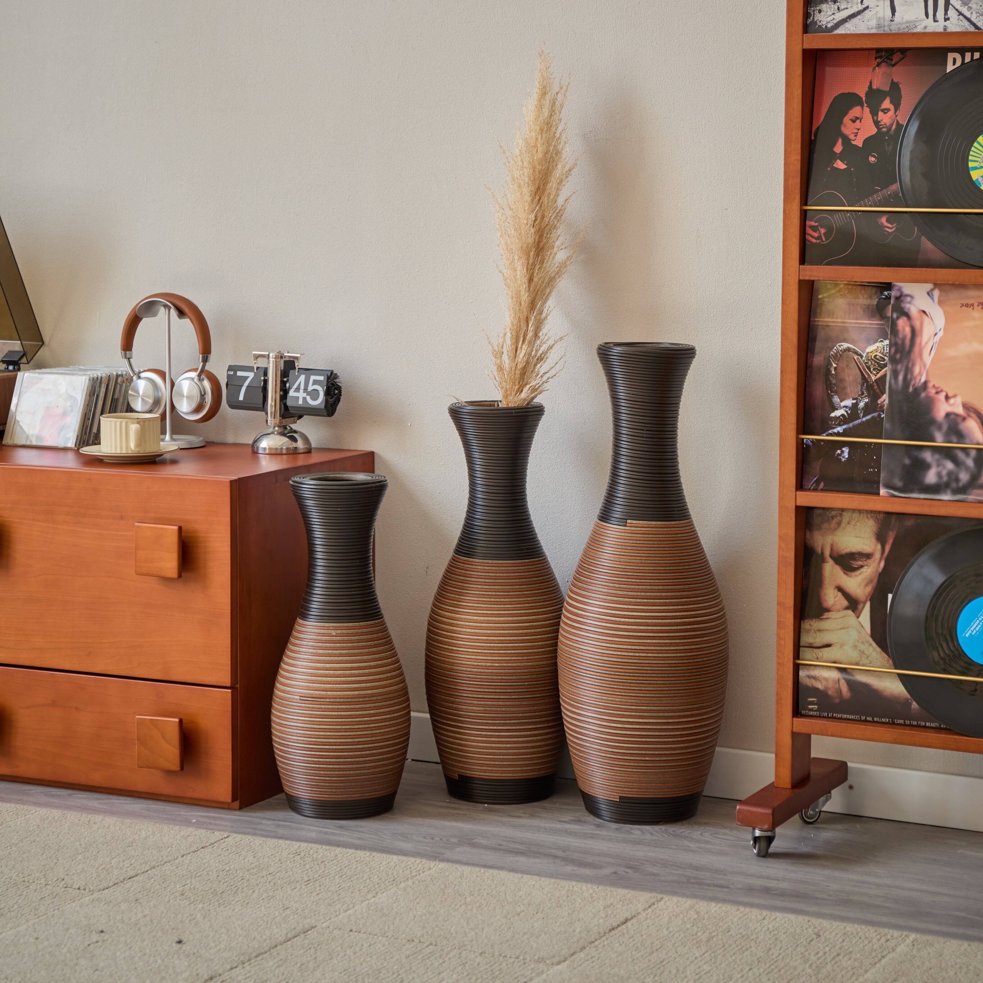 Angle. Anysun - Set of 3 Designer Floor Vases - Artificial Rattan Brown Large Vases for Living Room & Corridor Decor - Brown Gray.