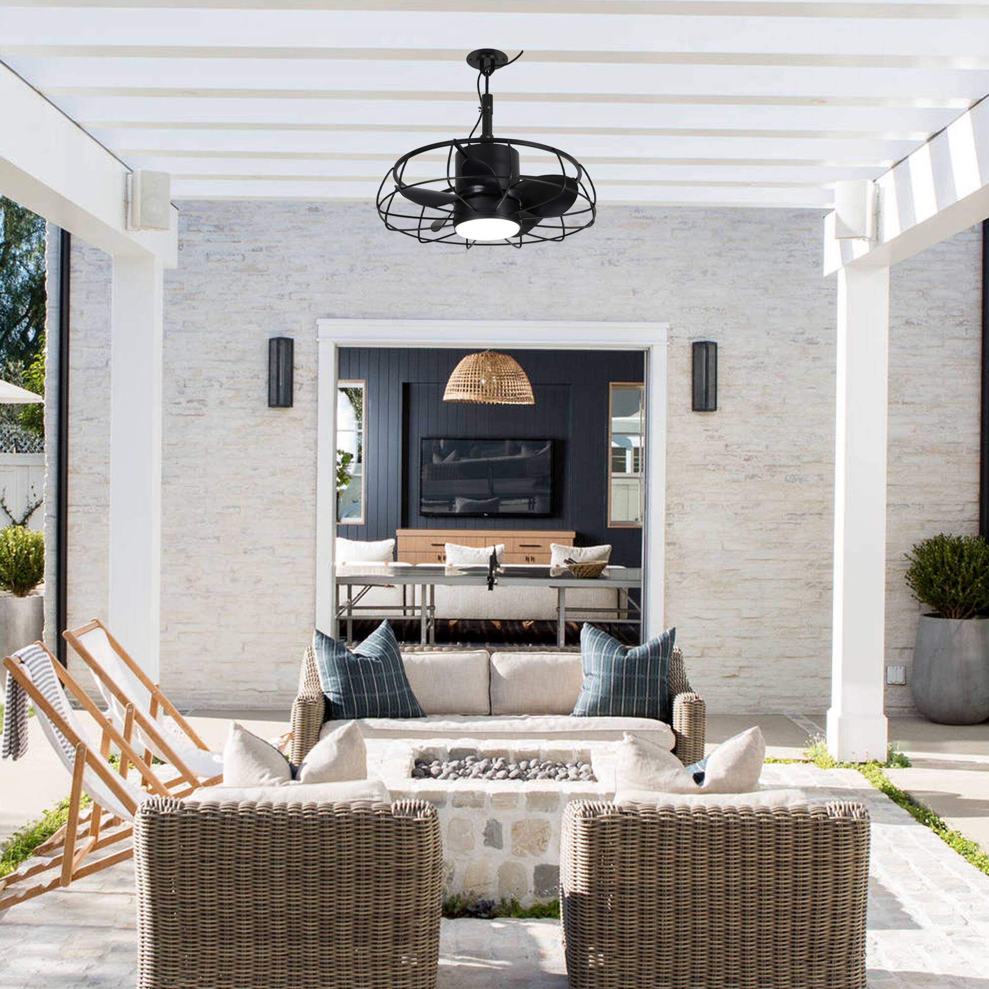 Angle. Parrot Uncle - 20" Industrial Black Wet Hook Outdoor Caged Ceiling Fan with Light and Remote - Black.