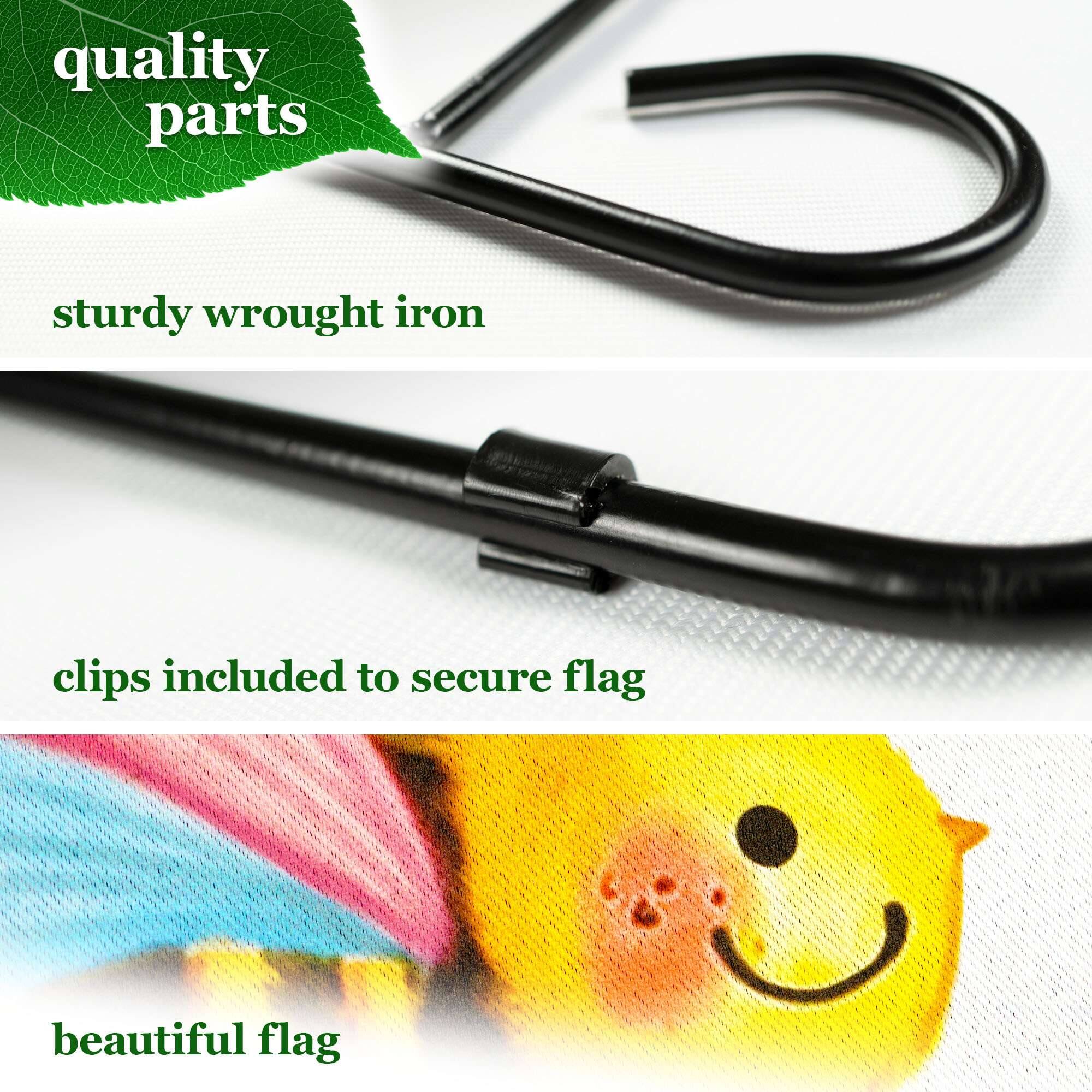 quality parts  
sturdy wrought iron  
clips included to secure flag  
beautiful flag