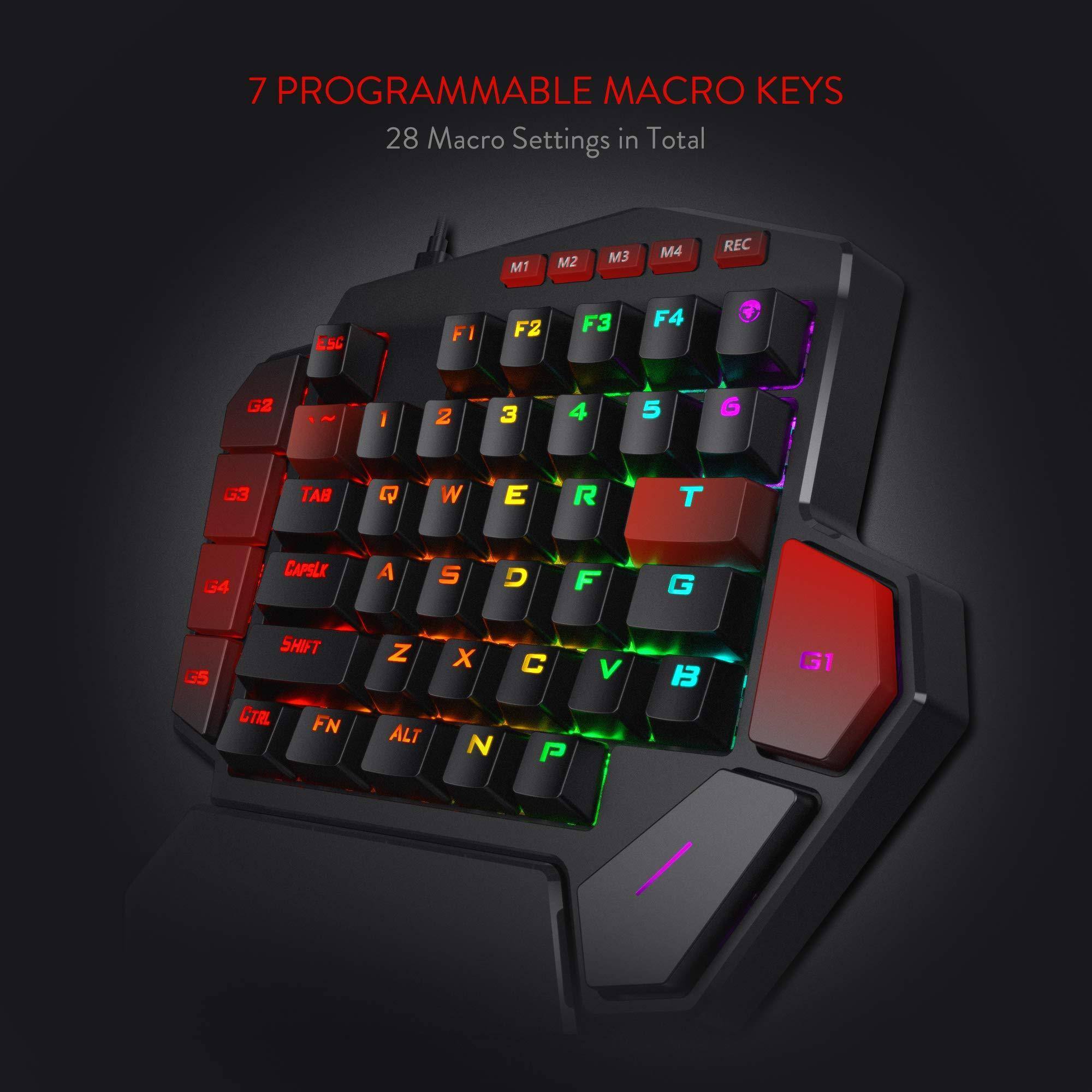 7 PROGRAMMABLE MACRO KEYS  
28 Macro Settings in Total  

M1 M2 M3 M4 REC  
F1 F2 F3 F4  
G1 G2 G3 G4  
CAPSLOCK A S D F G  
SHIFT Z X C V B  
CTRL FN ALT N P