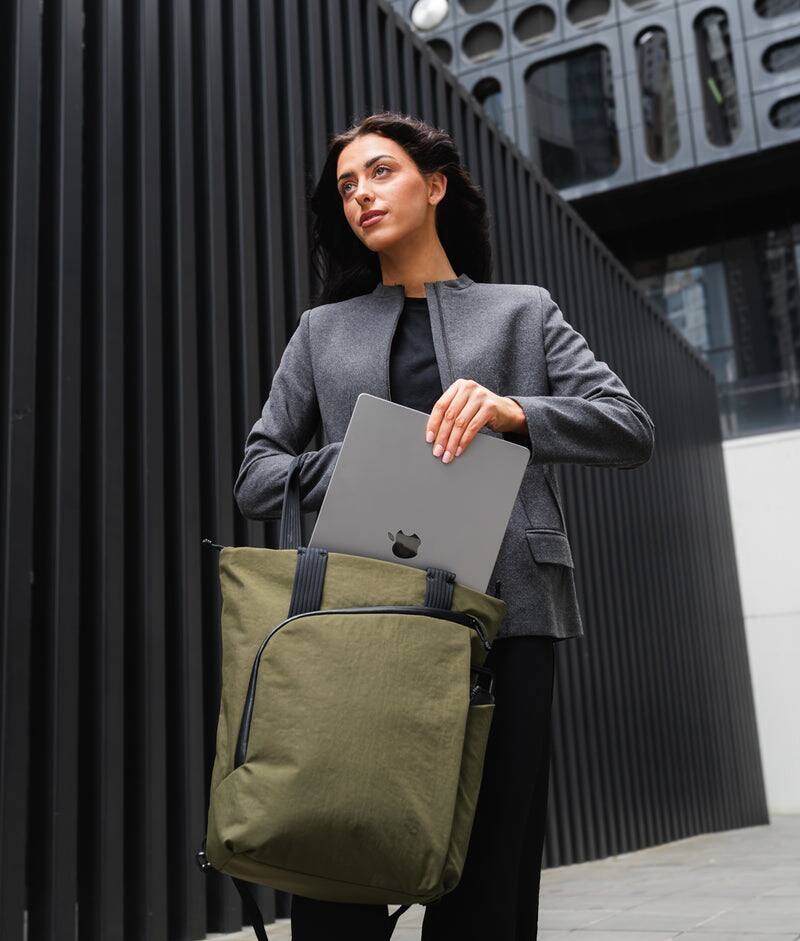 Alt View 10. ALPAKA - Flow Totepack Laptop Backpack for Men, 16" Laptop Compartment + 11" Tablet Sleeve, Tote/Backpack, Bottle Pocket - Green Axoflux 400D Washed Nylon.