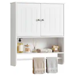 Gymax - Bathroom Wall Cabinet Wall Mounted Medicine Cabinet w/ Towel Bar & Shelf - White