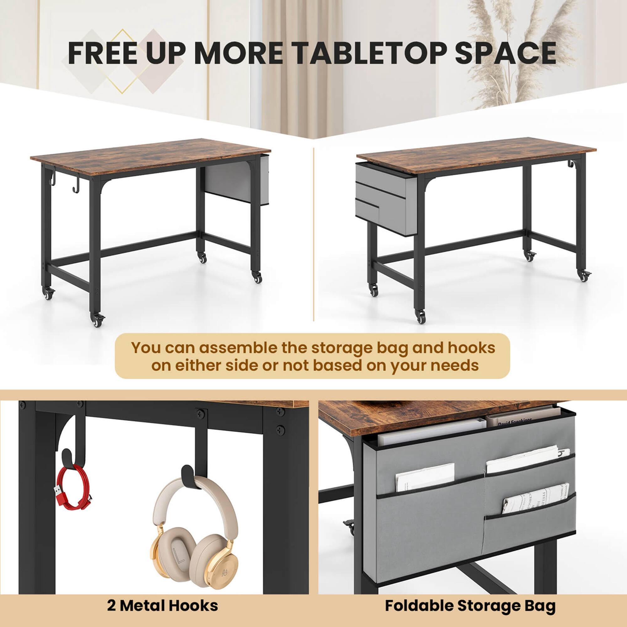 FREE UP MORE TABLETOP SPACE

You can assemble the storage bag and hooks on either side or not based on your needs

2 Metal Hooks

Foldable Storage Bag