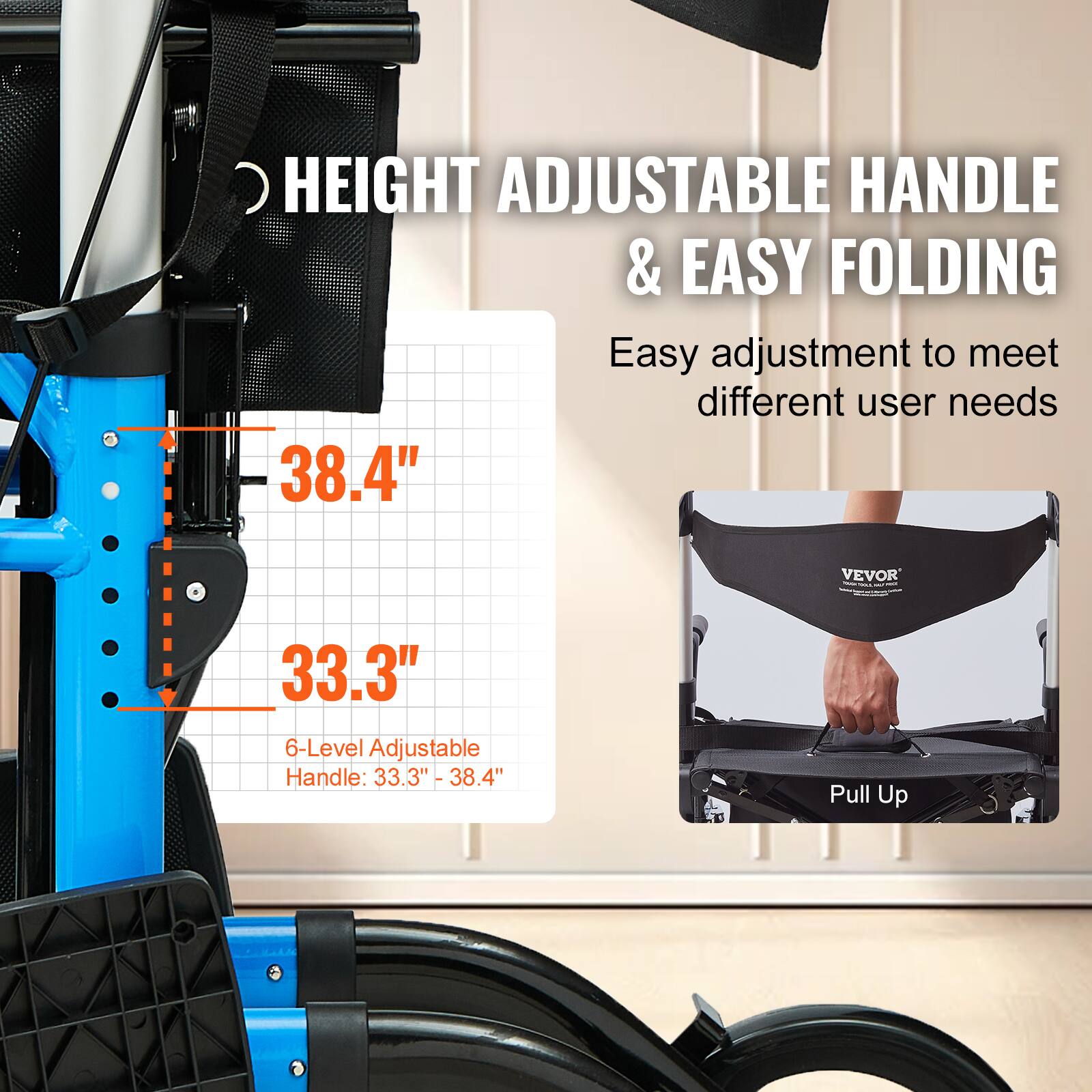 HEIGHT ADJUSTABLE HANDLE & EASY FOLDING

Easy adjustment to meet different user needs

38.4"

33.3"

6-Level Adjustable Handle: 33.3" - 38.4"

Pull Up