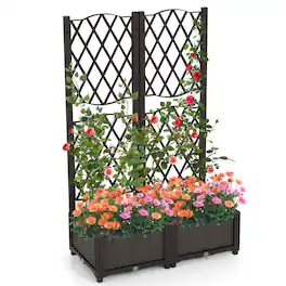 Costway - Raised Garden Bed w/Trellis Planter Box for Climbing Plants 32" x 16" x 53" - Brown