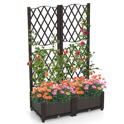 Front. Costway - Costway Raised Garden Bed w/Trellis Planter Box for Climbing Plants 32" x 16" x 53" - Brown.