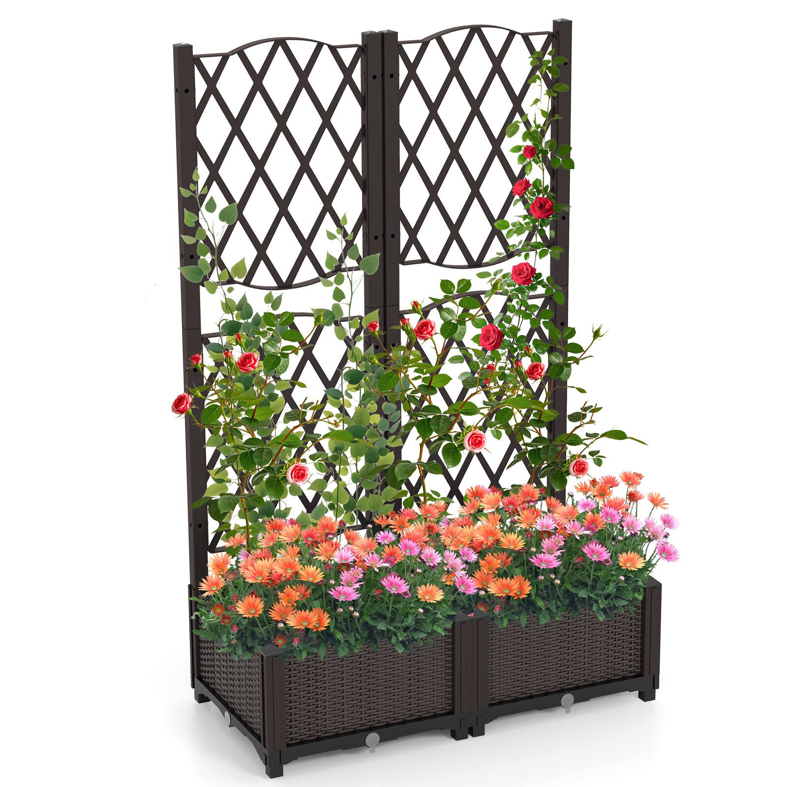 Costway - Raised Garden Bed w/Trellis Planter Box for Climbing Plants 32" x 16" x 53" - Brown