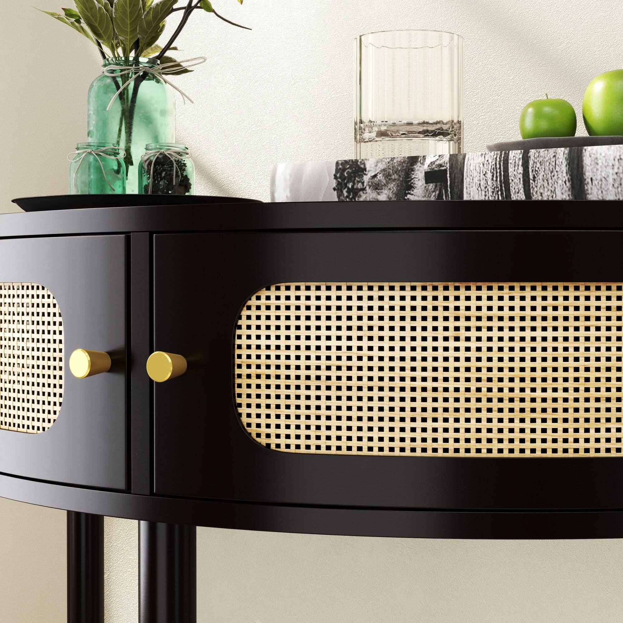 Alt View 8. Boyel Living - 31.88 in Boho Half Moon Console Table with Sliding Rattan Doors and Bottom Shelf Black - Black.