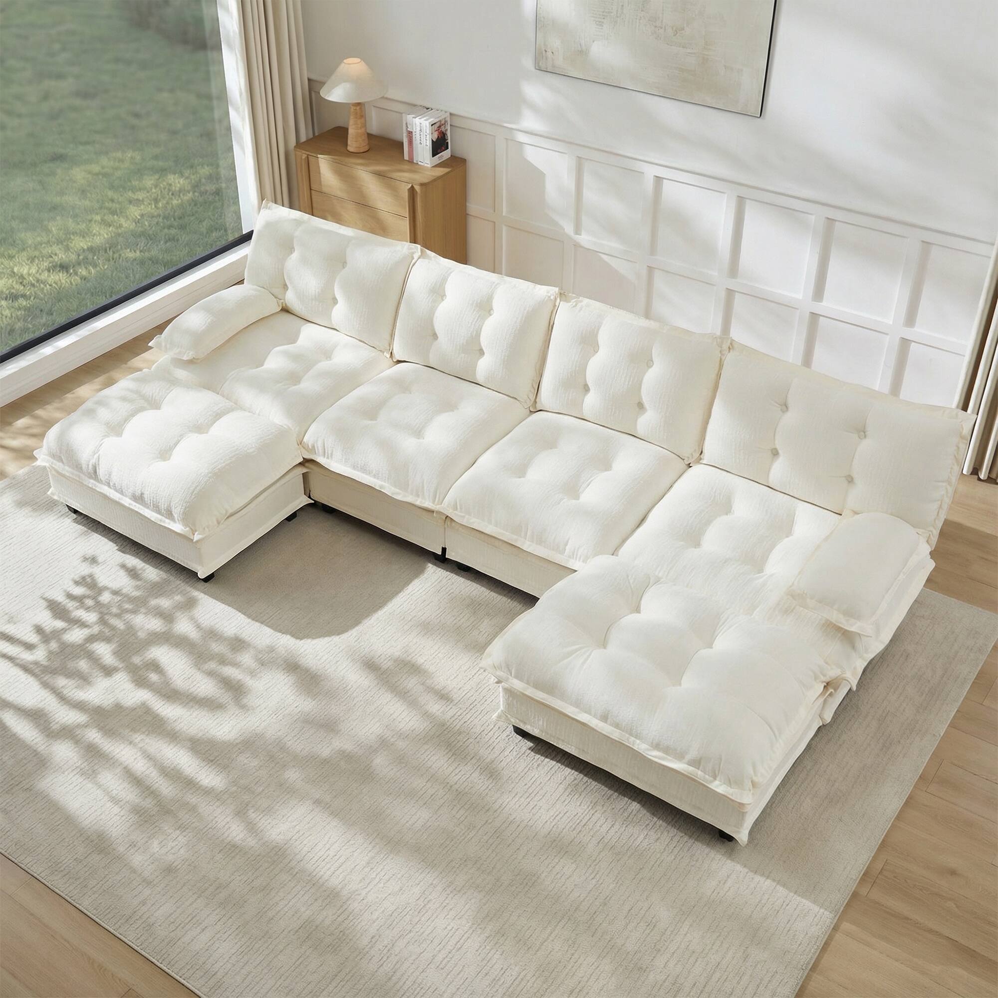 Left. LOVMOR - 138 inch 4 Seat Chenille Sectional Couch U Shaped Modular Deep Seat Compressed Pack For Bedroom Apartment Cozy - Beige.