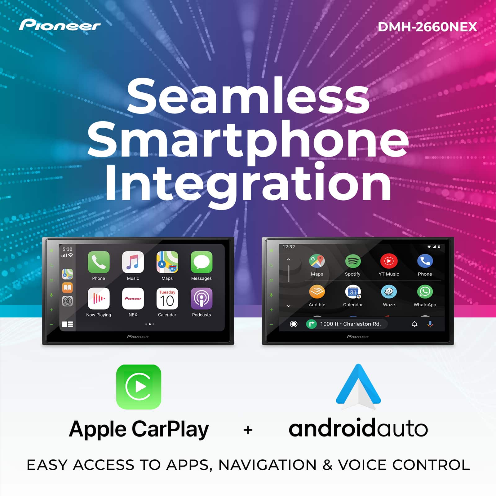Seamless Smartphone Integration with Pioneer DMH-2660NEX: Easy Access to Apps, Navigation & Voice Control.