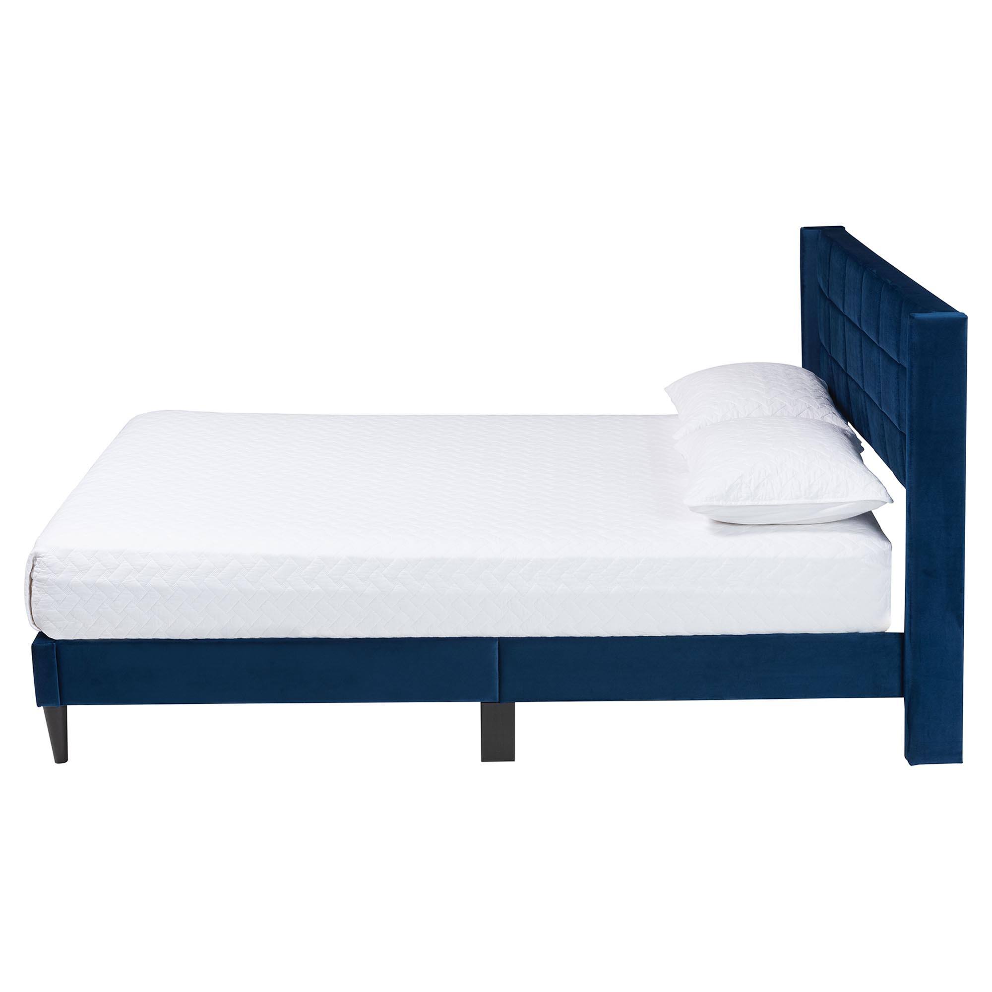 Angle. Baxton Studio - Payne Modern Glam Velvet and Dark Brown Wood Queen Bed - Navy Blue/Black.