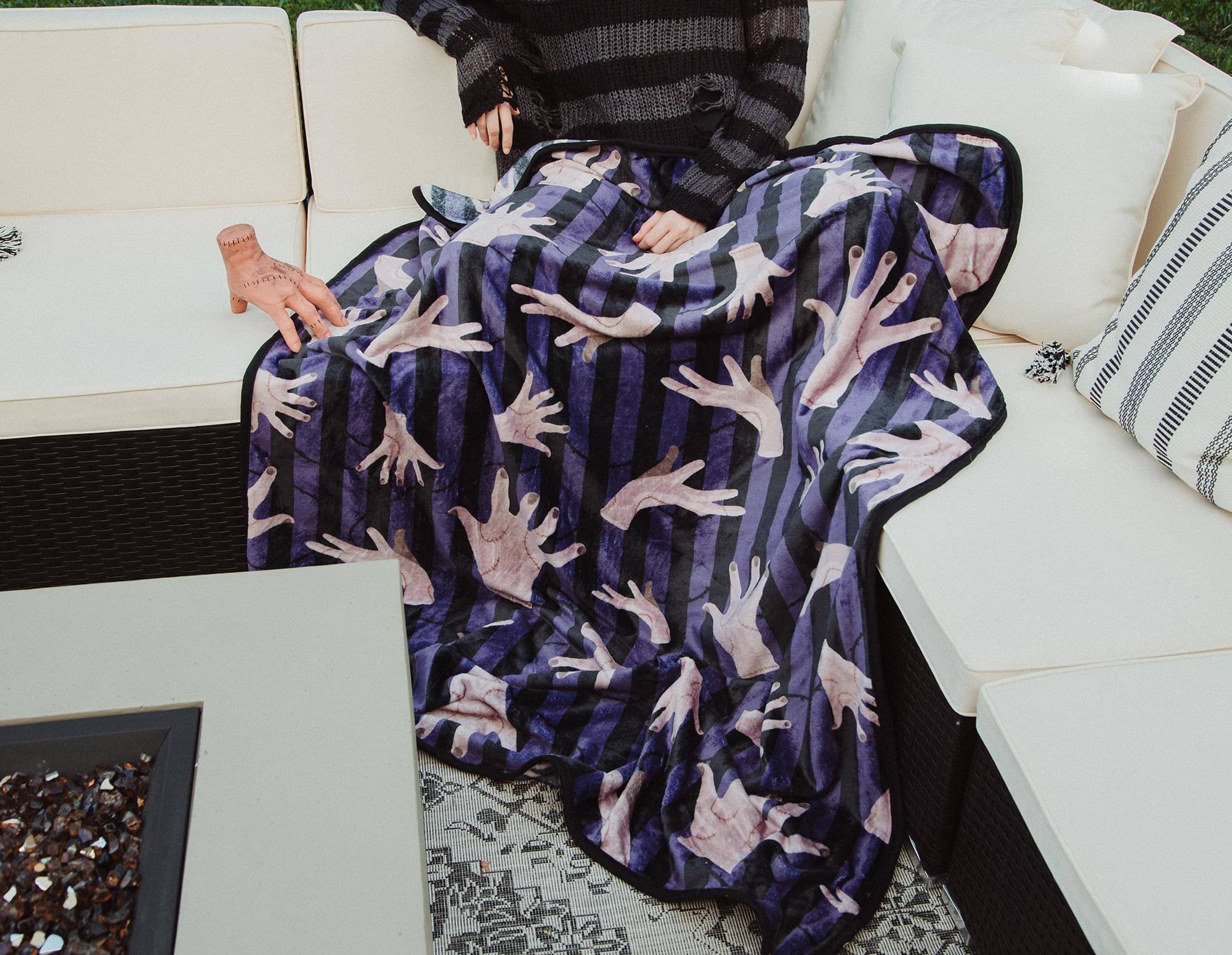 Alt View 4. Silver Buffalo - Addams Family Wednesday Thing Raschel Throw Blanket | 45 x 60 Inches - Purple.