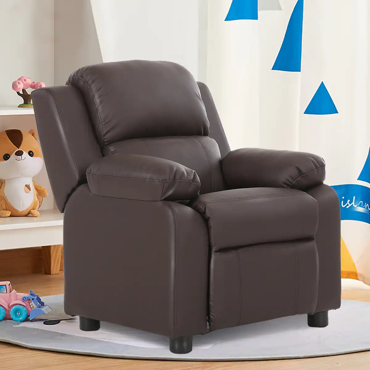 Alt View 1. Costway - Costway Padded Kids Sofa Armchair Recliner Headrest Children w/ Storage Arm Brown - Brown.