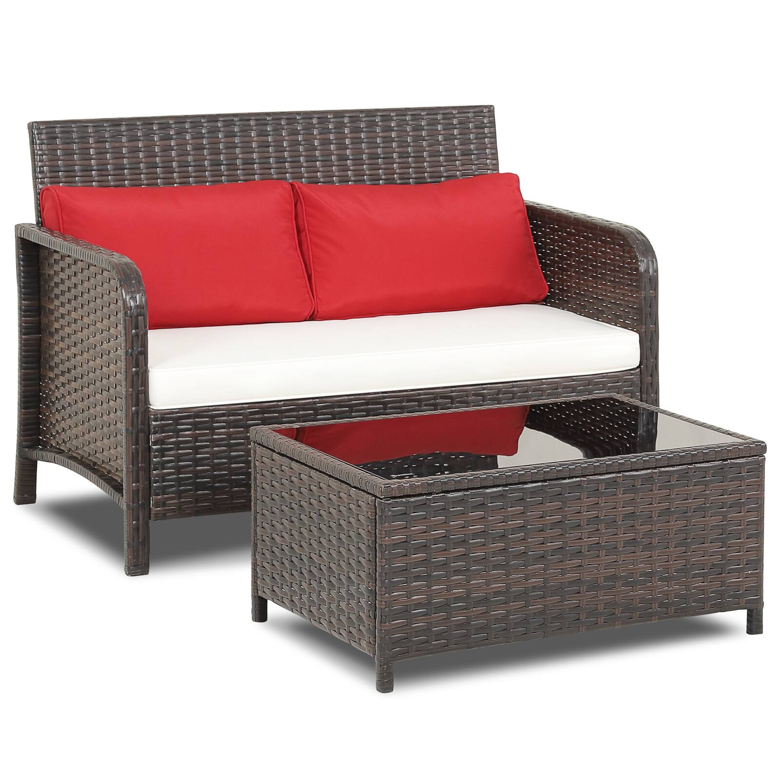 Alt View 8. Gymax - Gymax 2PCS Patio PE Wicker Rattan Loveseat Sofa Set w/ Coffee Table & Cushions - Red,Off White.