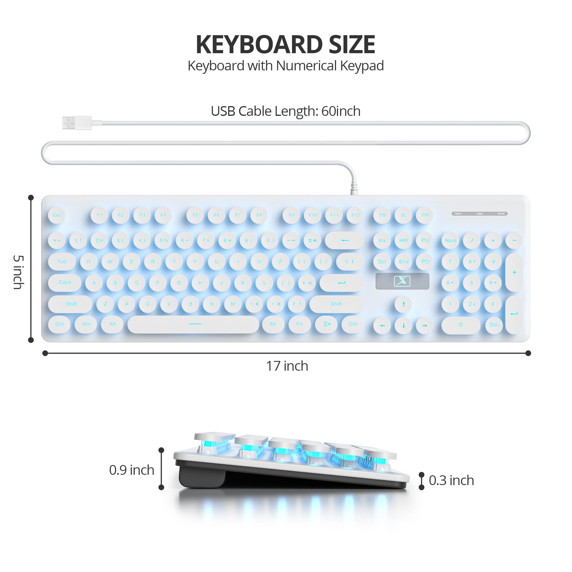**KEYBOARD SIZE**  
Keyboard with Numerical Keypad  
USB Cable Length: 60 inch  

- Width: 17 inch  
- Height: 0.9 inch  
- Thickness: 0.3 inch  
- Depth: 5 inch