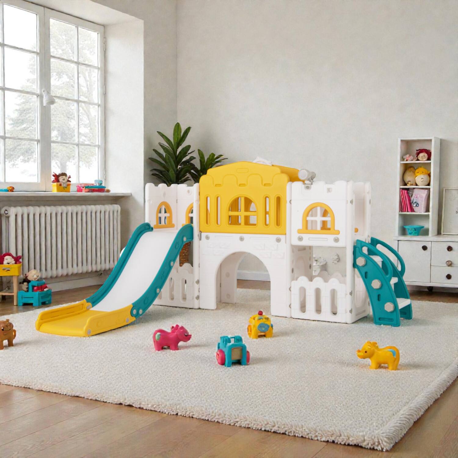 BreeBe - Multi-Activity Toddler Slide Set Featuring Tunnel, Ladder, and Basketball - Yellow