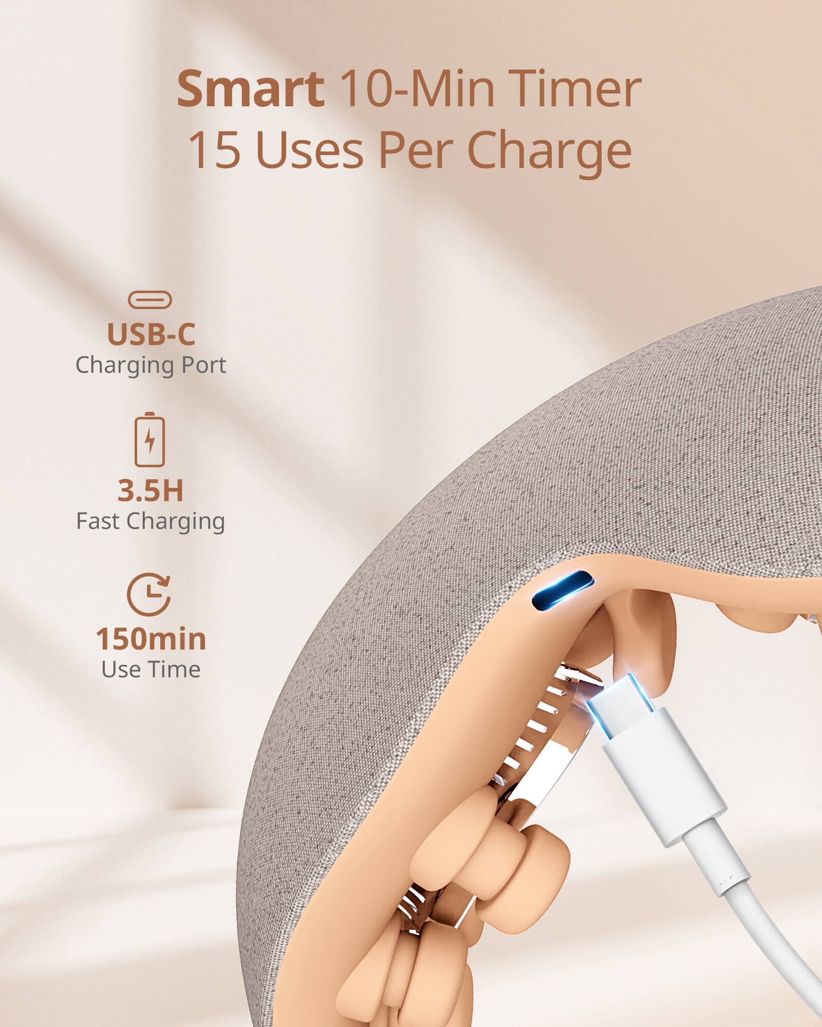 Smart 10-Min Timer  
15 Uses Per Charge  

USB-C Charging Port  
3.5H Fast Charging  
150min Use Time