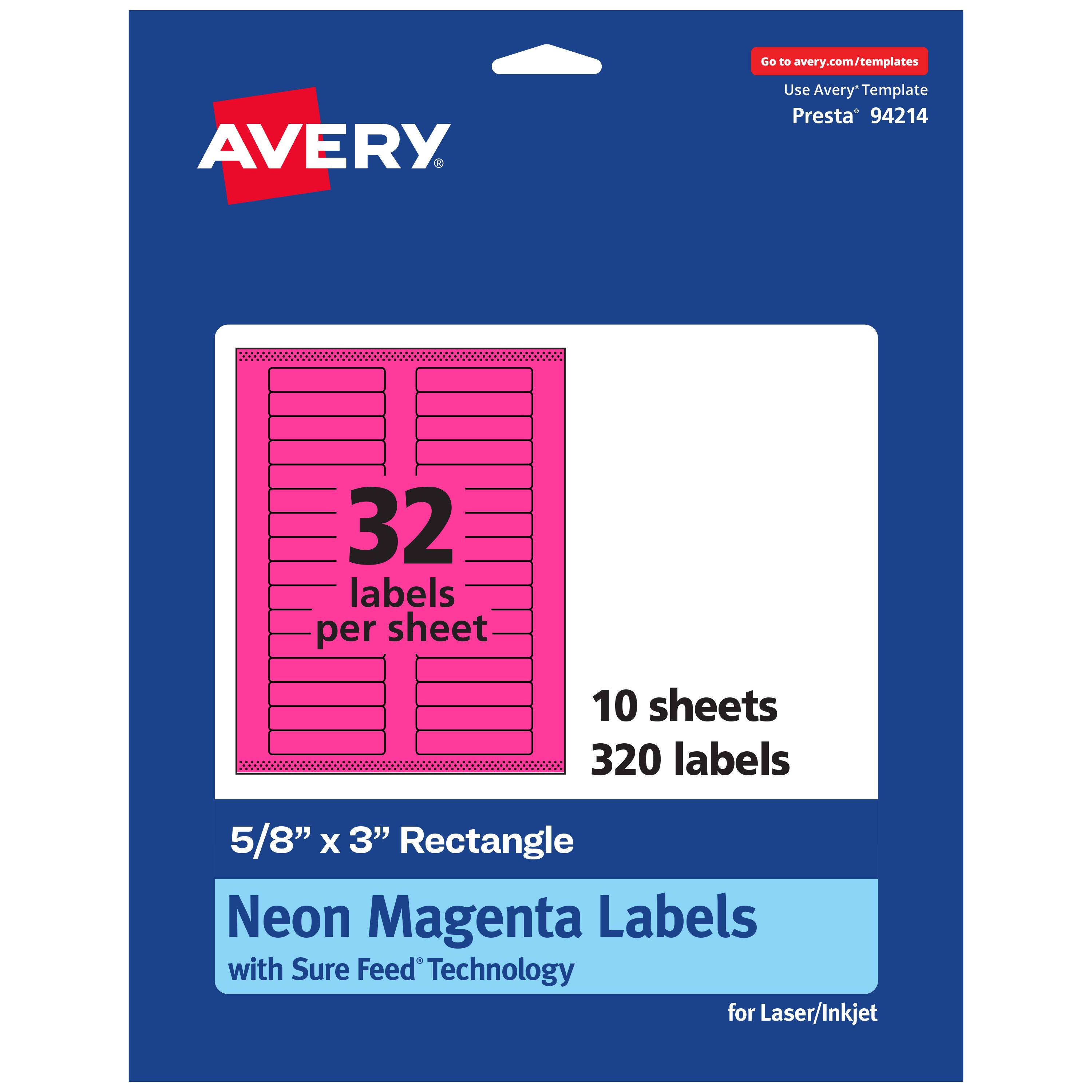 Go to avery.com/templates  
AVERY  
Use Avery Template Presta* 94214  
32 labels per sheet  
10 sheets  
320 labels  
5/8" x 3" Rectangle  
Neon Magenta Labels with Sure Feed Technology for Laser/Inkjet