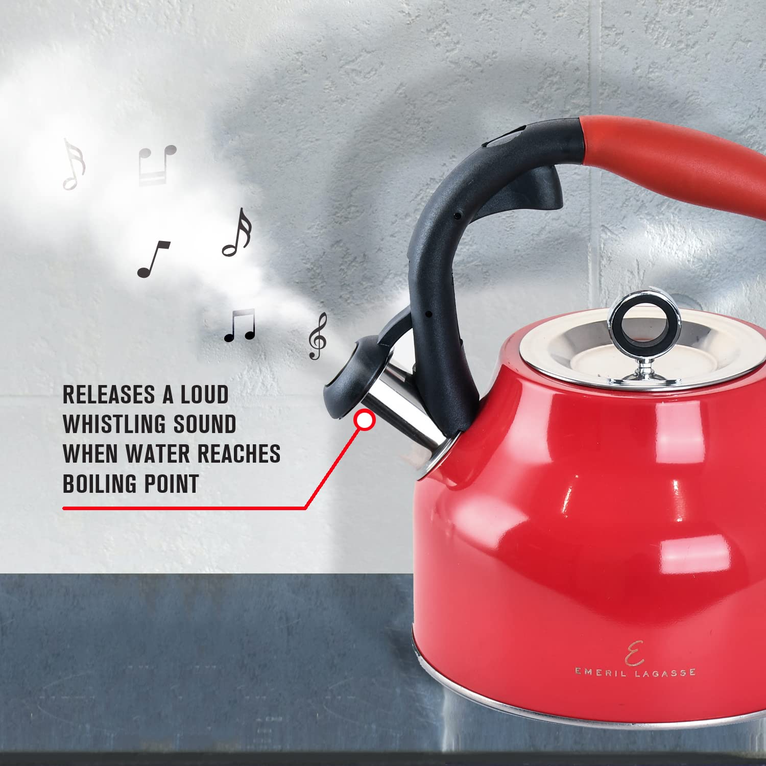 Releases a loud whistling sound when water reaches boiling point. Emeril Lagasse