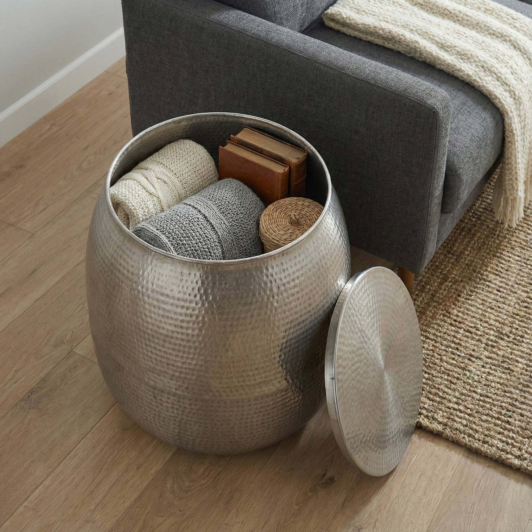 Front. Simpli Home - Griffen 19 inch Wide Hand-Hammered Metal Drum Storage Accent Table, Antique Nickel - Antique Nickel.