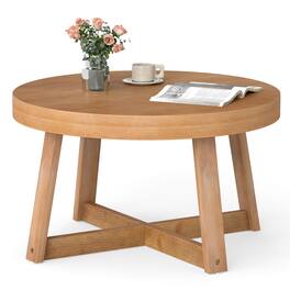 Costway - Round Coffee Table, 30" Wooden Center Table with Storage, Thickened Top, Cross-Shaped Pine Wood Frame - Natural