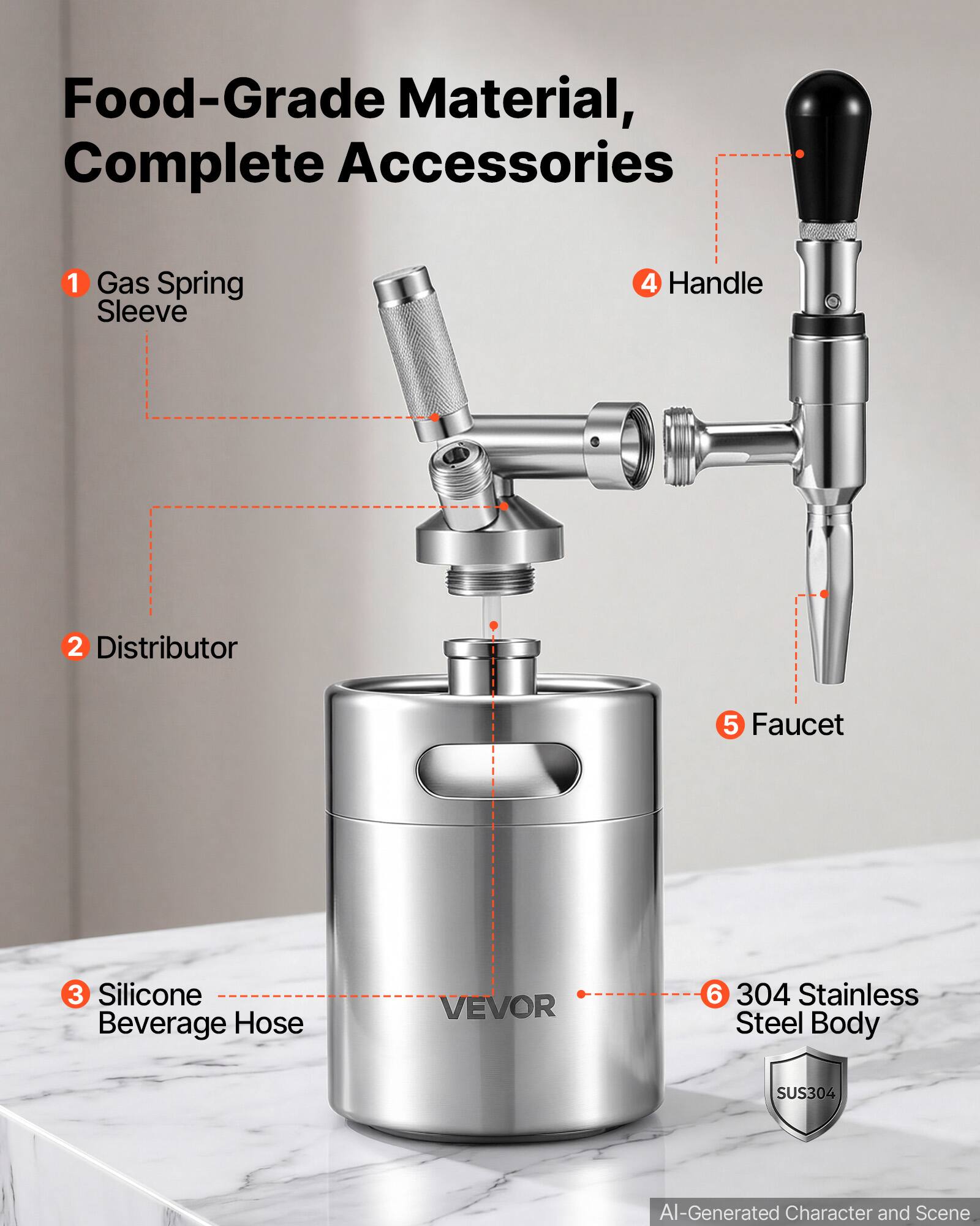 Food-Grade Material, Complete Accessories

1. Gas Spring Sleeve
2. Distributor
3. Silicone Beverage Hose
4. Handle
5. Faucet
6. 304 Stainless Steel Body

VEVOR

AI-Generated Character and Scene