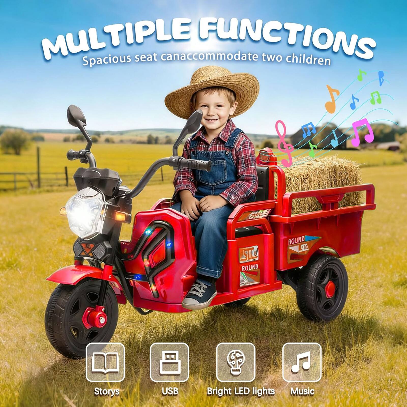 MULTIPLE FUNCTIONS  
Spacious seat can accommodate two children  

- Stories  
- USB  
- Bright LED lights  
- Music