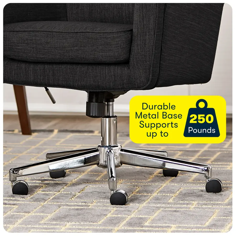 The image features a black office chair with a metal base that supports up to 250 pounds. The chair is placed on a carpeted floor, and the metal base is visible underneath the chair. The chair is designed to provide durable support for heavy users, making it suitable for various office settings.