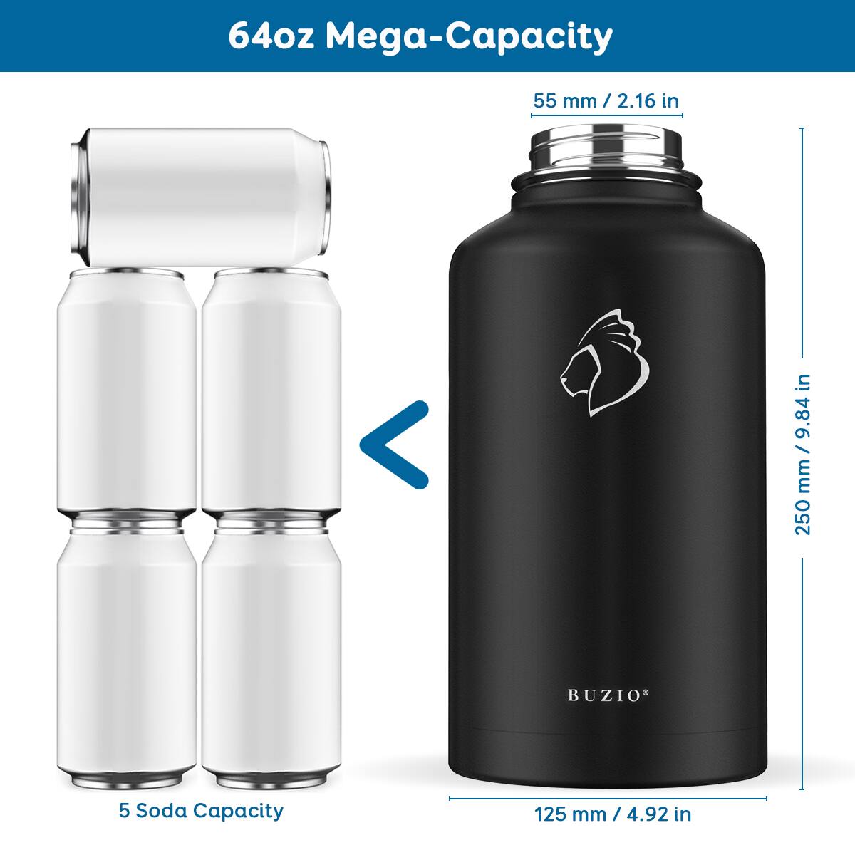 64oz Mega-Capacity

55 mm / 2.16 in

5 Soda Capacity

125 mm / 4.92 in

250 mm / 9.84 in