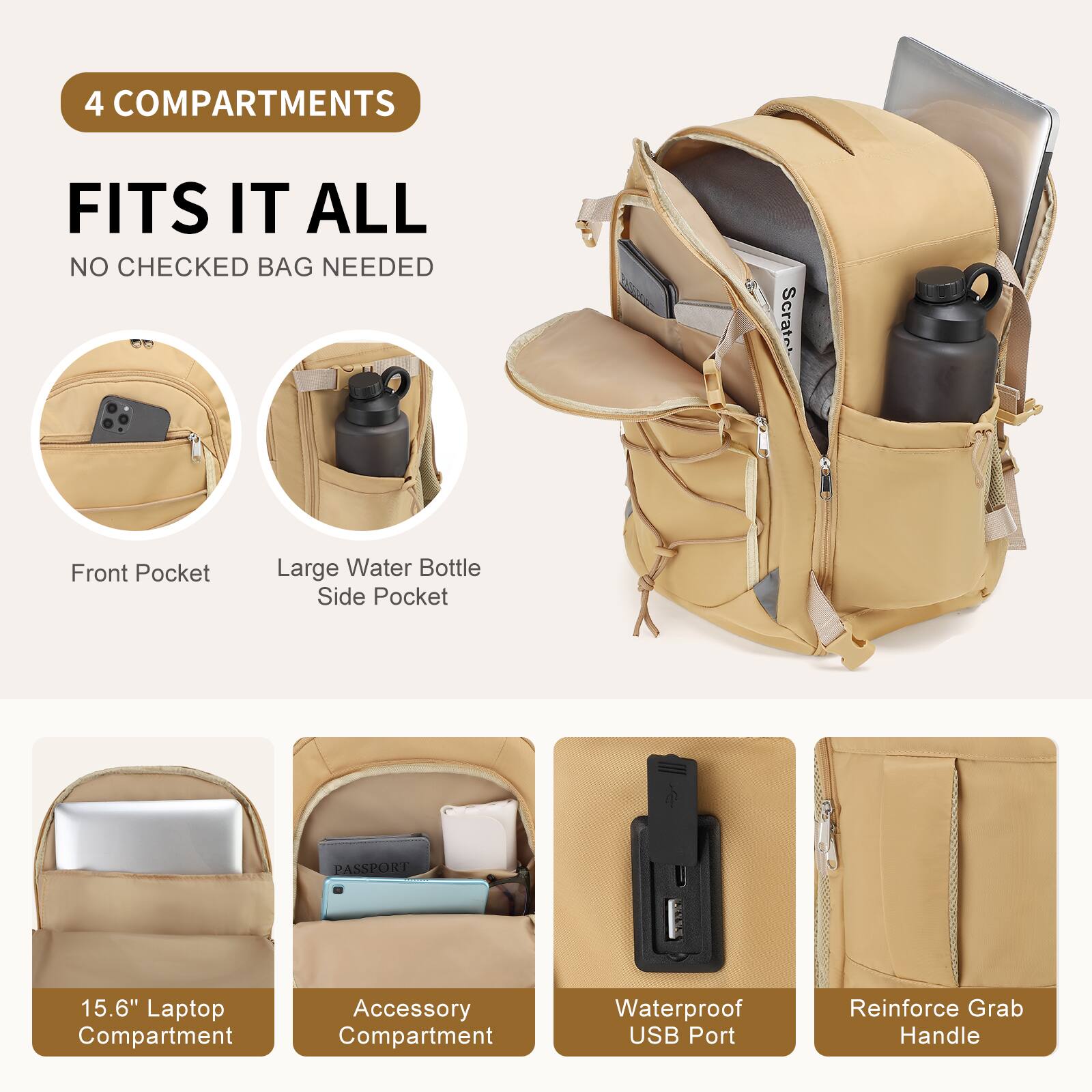 4 COMPARTMENTS  
FITS IT ALL  
NO CHECKED BAG NEEDED  

Front Pocket  
Large Water Bottle Side Pocket  

15.6" Laptop Compartment  
Accessory Compartment  

Waterproof USB Port  
Reinforce Grab Handle