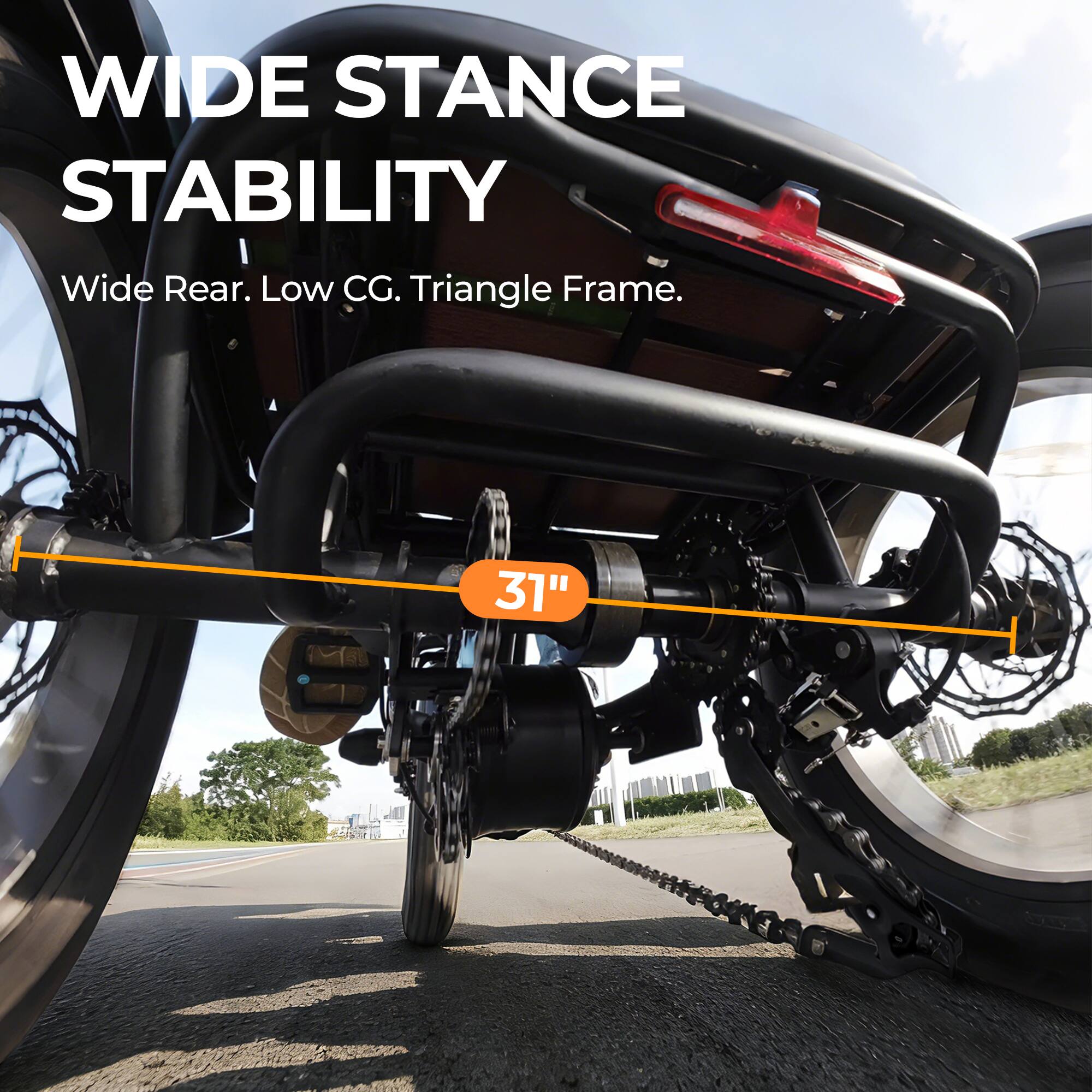 WIDE STANCE STABILITY  
Wide Rear. Low CG. Triangle Frame.  
31"