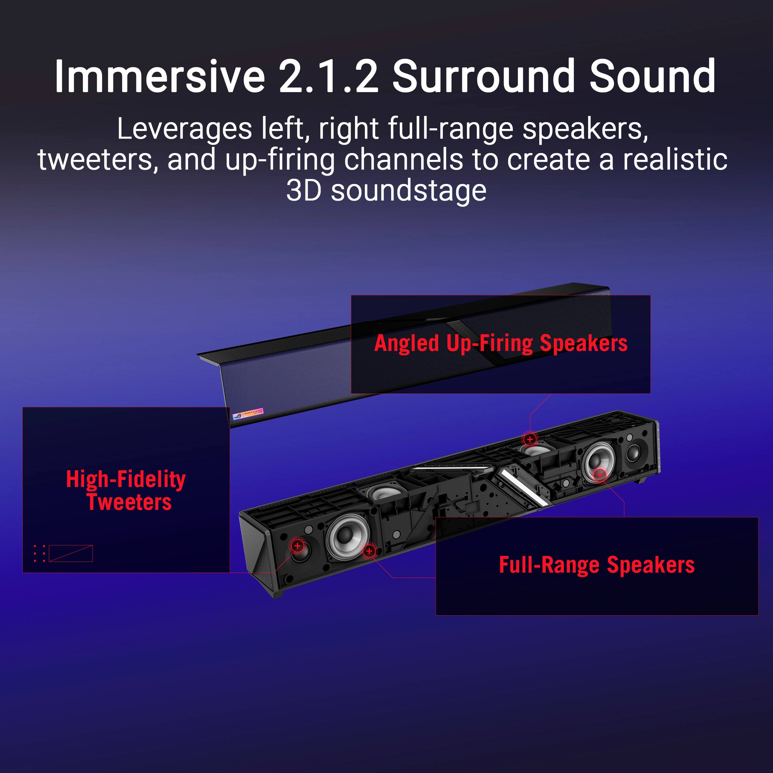 Immersive 2.1.2 Surround Sound

Leverages left, right full-range speakers, tweeters, and up-firing channels to create a realistic 3D soundstage

Angled Up-Firing Speakers

High-Fidelity Tweeters

Full-Range Speakers