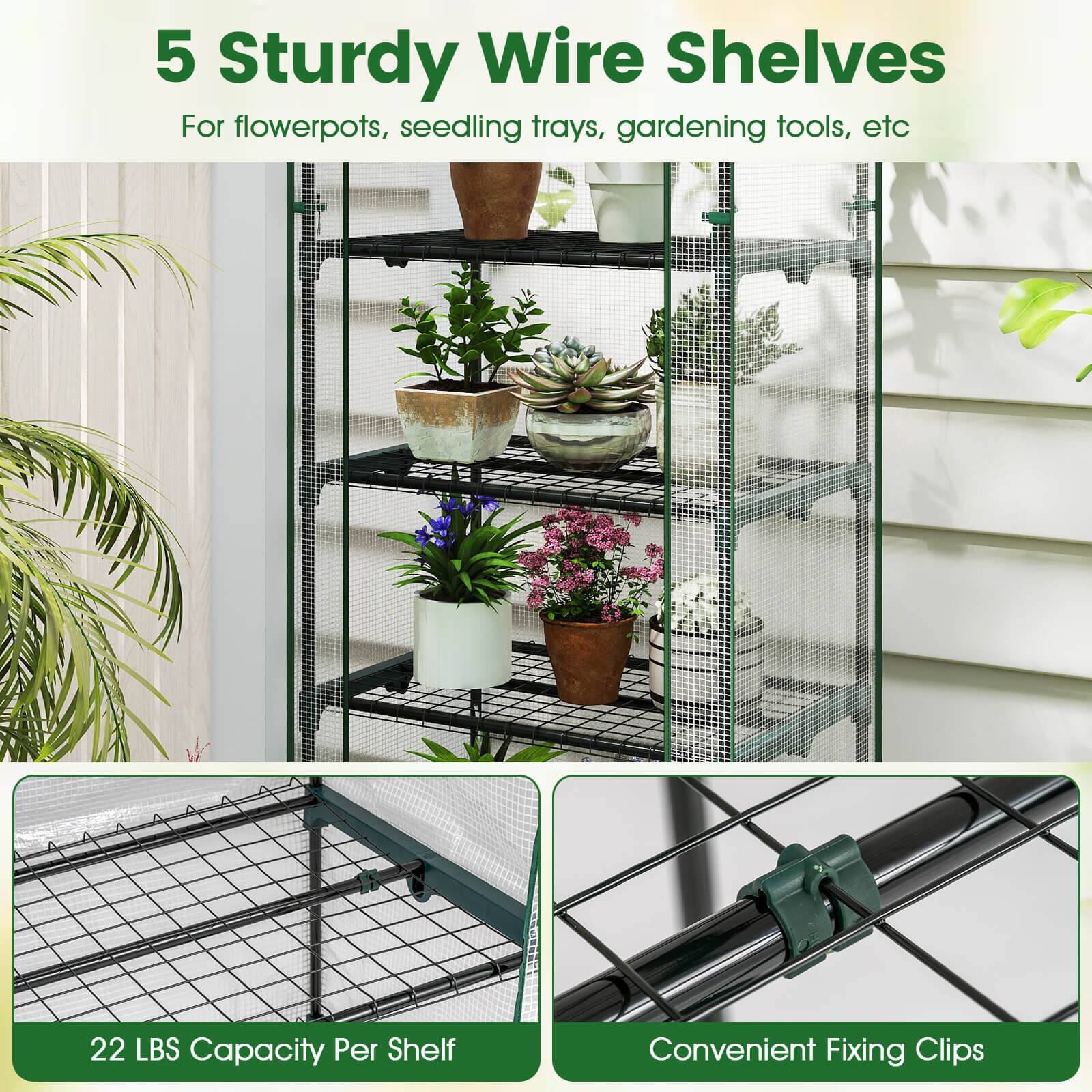 5 Sturdy Wire Shelves For flowerpots, seedling trays, gardening tools, etc  
22 LBS Capacity Per Shelf  
Convenient Fixing Clips