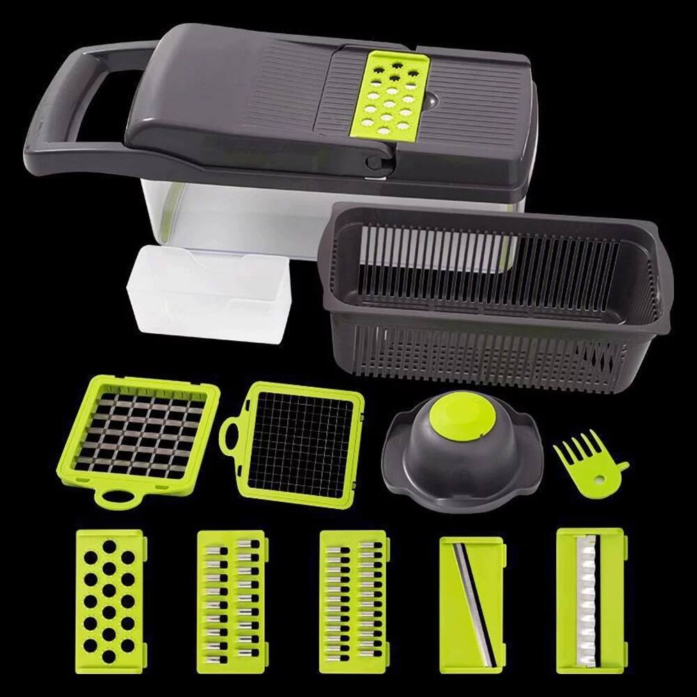 Left. MOVSSOU - Vegetable Chopper Multifunctional 8 Blades Grater Slicer - green.