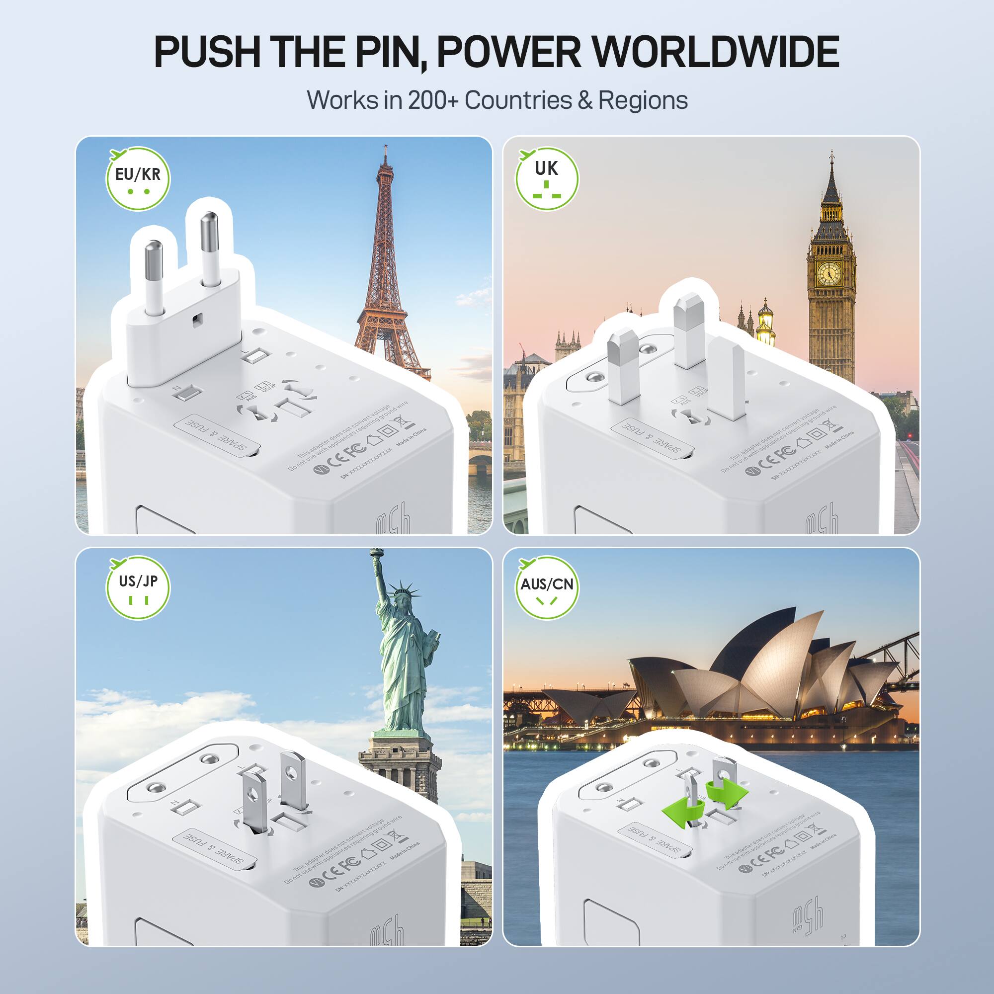 PUSH THE PIN, POWER WORLDWIDE  
Works in 200+ Countries & Regions  

EU/KR  
UK  
US/JP  
AUS/CN