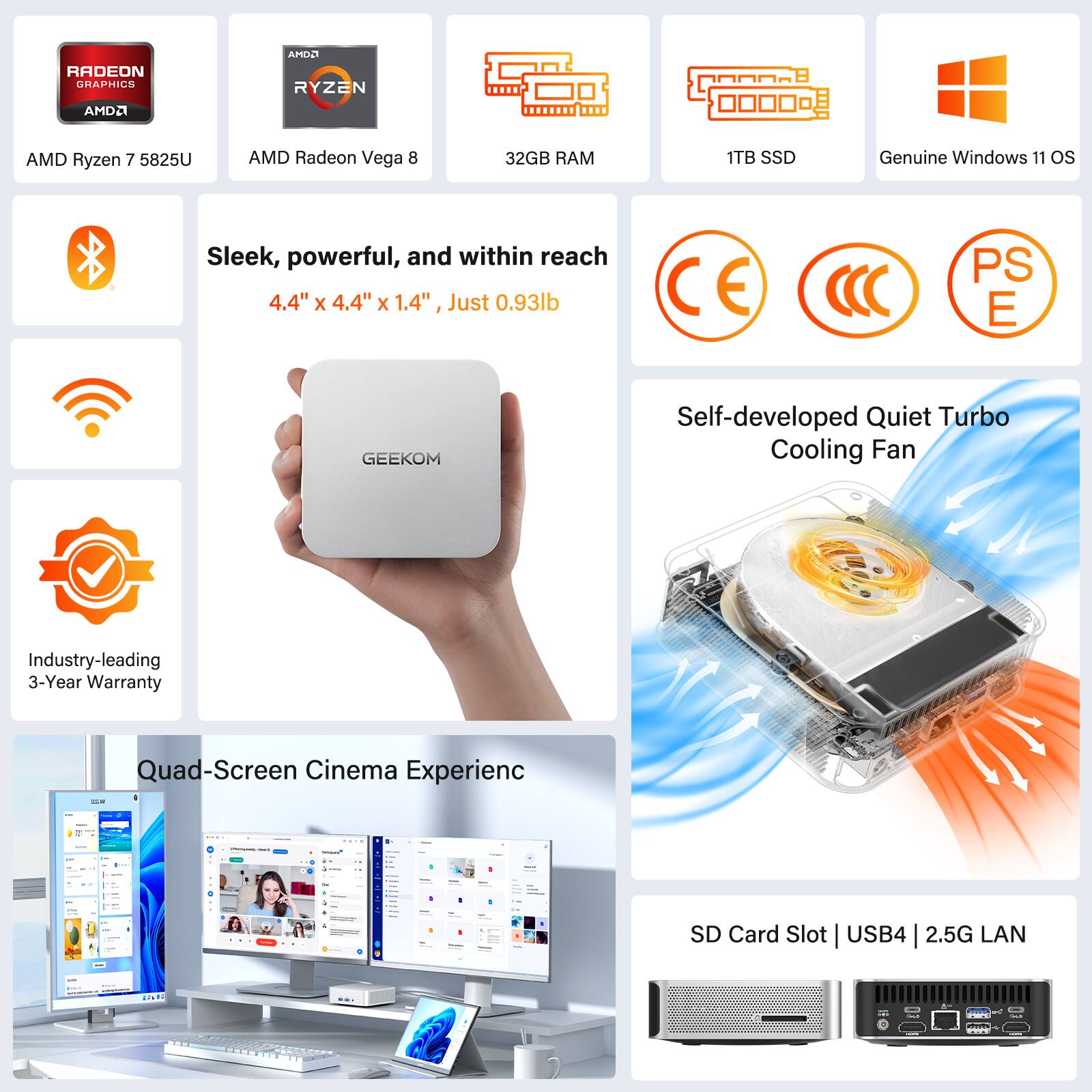 - AMD Ryzen 7 5825U
- AMD Radeon Vega 8
- 32GB RAM
- 1TB SSD
- Genuine Windows 11 OS

- Sleek, powerful, and within reach
- 4.4" x 4.4" x 1.4", Just 0.93lb

- Industry-leading 3-Year Warranty

- Self-developed Quiet Turbo Cooling Fan

- Quad-Screen Cinema Experience

- SD Card Slot | USB4 | 2.5G LAN

- CE
- CCC
- PS E