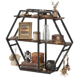 Gymax - Hexagon Shelf for Wall 3-Tier Geometric Bookcase w/4 S-Shaped Hooks Metal Frame - Brown