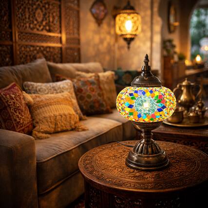 Front. FC Design - 12"H Bronze Base Elegant Globe Flowery Mosaic Turkish Lamp.