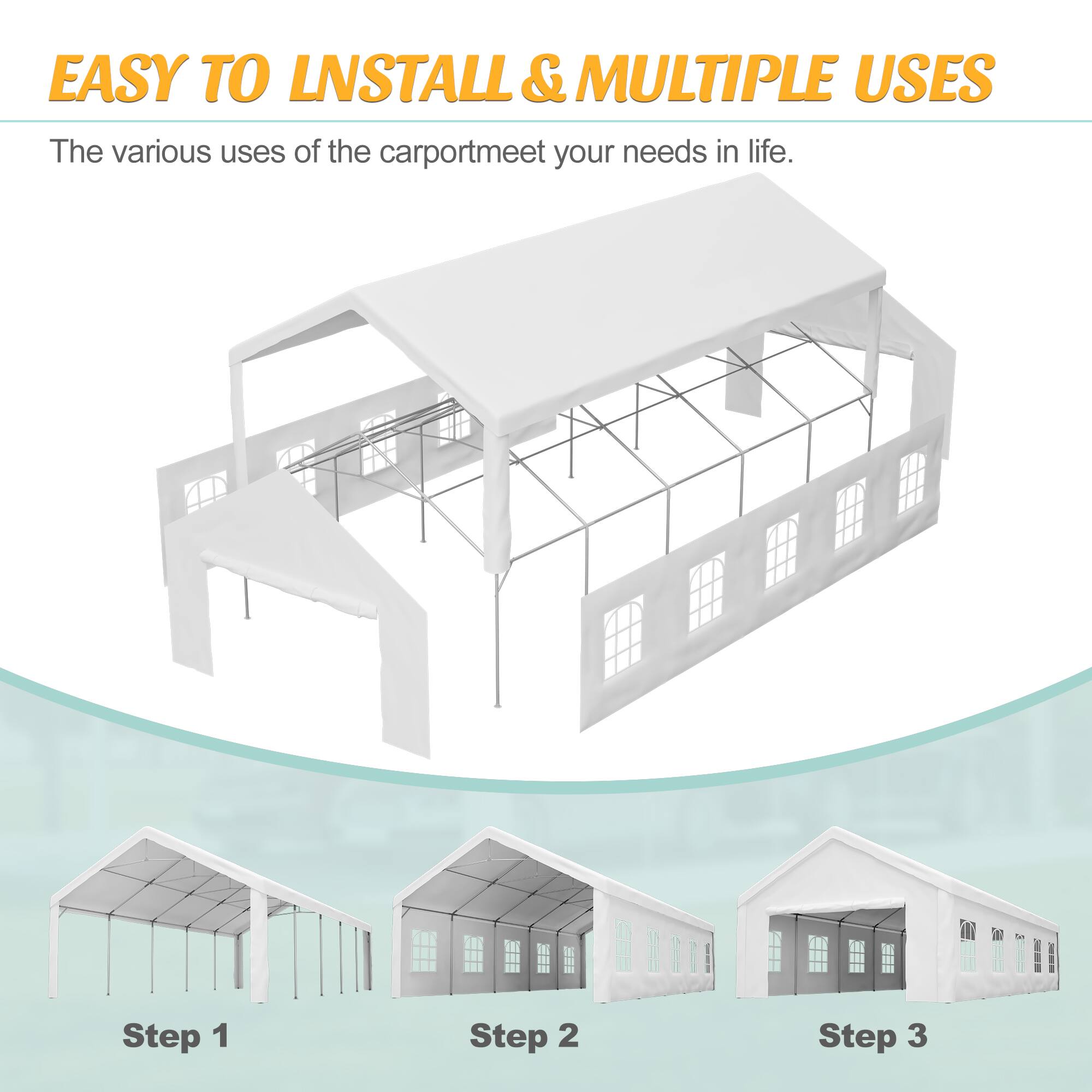 EASY TO INSTALL & MULTIPLE USES

The various uses of the carport meet your needs in life.

Step 1  
Step 2  
Step 3