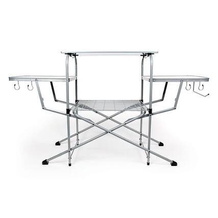 Front. Camco - Camco Deluxe Folding Outdoor Steel Grill Table with Side Tables, Hooks, and Case - Silver.