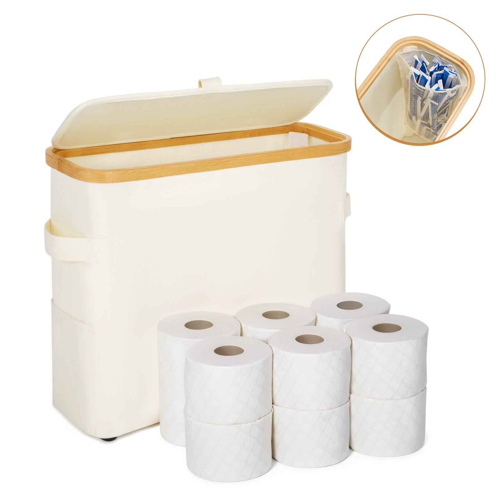 Front. Vicyak - Toilet Paper Organizer Basket with Lid, 12 Regular Rolls or 9 Mega Rolls - Beige.