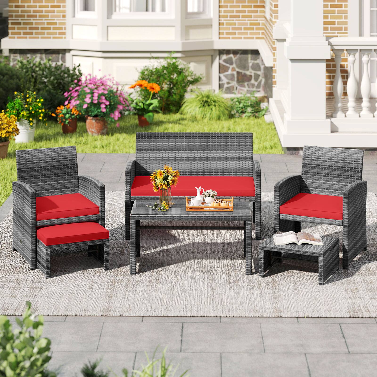 Alt View 1. Costway - Costway 6PCS Patio Furniture Set Outdoor Sectional Conversation PE Rattan Sofa Set - Mix Brown,Red.