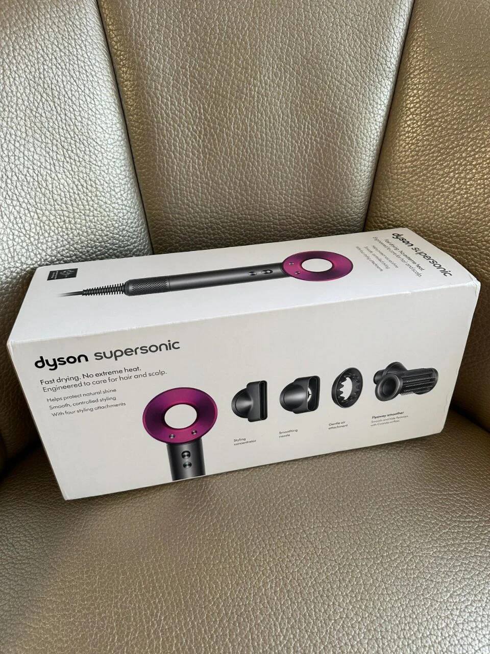 dyson supersonic  
Fast drying. No extreme heat.  
Engineered to care for hair and scalp.  
Helps protect natural shine  
Smooth, controlled styling  
With four styling attachments